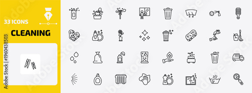 cleaning outline icon set. 33 linear vector for ui, web and mobile. thin line shampoo, washing clothes, feather duster and more icons.