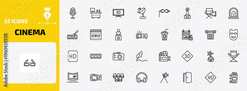 cinema outline icon set. 33 linear vector for ui, web and mobile. thin line movie microphone, cinema snack bar, 3d television and more icons.