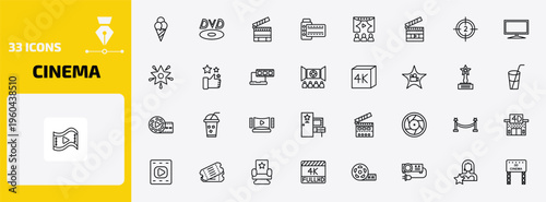 cinema outline icon set. 33 linear vector for ui, web and mobile. thin line stripped ice cream cone, dvd, cinema clapperboard and more icons.