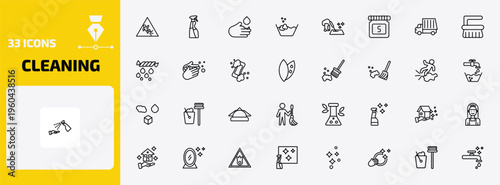 cleaning outline icon set. 33 linear vector for ui, web and mobile. thin line wet floor, cleaning spray, acid and more icons.