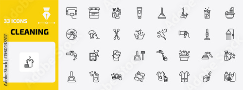cleaning outline icon set. 33 linear vector for ui, web and mobile. thin line compress cleanin, baking soda, cleaning products and more icons.