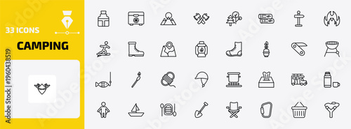 camping outline icon set. 33 linear vector for ui, web and mobile. thin line flask, freezer, mountain and more icons.