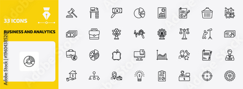 business and analytics outline icon set. 33 linear vector for ui, web and mobile. thin line trial hammer, work table, yen business search and more icons.