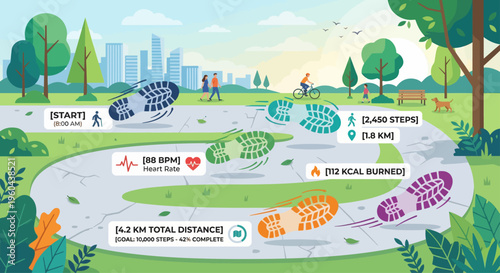 People jogging and exercising on a winding path in a park with trees and a city skyline