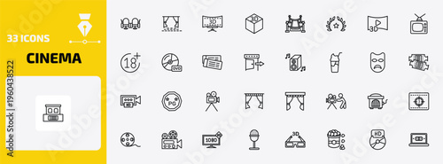 cinema outline icon set. 33 linear vector for ui, web and mobile. thin line cinema seats, cinema screen, 3 dimension screen and more icons.
