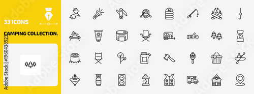 camping collection. outline icon set. 33 linear vector for ui, web and mobile. thin line marshmallow, flashlight, swiss army knife and more icons.