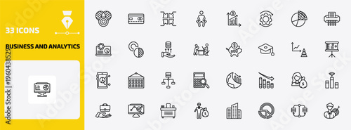 business and analytics outline icon set. 33 linear vector for ui, web and mobile. thin line merge charts, bank card, infographic elements and more icons.