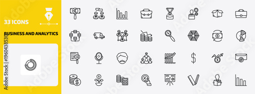 business and analytics outline icon set. 33 linear vector for ui, web and mobile. thin line euro under magnifier, consulting, bar diagram and more icons.