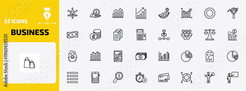 business outline icon set. 33 linear vector for ui, web and mobile. thin line multitasking woman, pound coin on hands, increase rate and more icons.