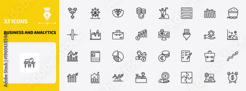 business and analytics outline icon set. 33 linear vector for ui, web and mobile. thin line connection box chart, big wheel, dress code and more icons.