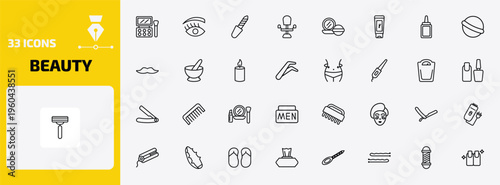 beauty outline icon set. 33 linear vector for ui, web and mobile. thin line eye shadow, woman eye, pedicure and more icons.
