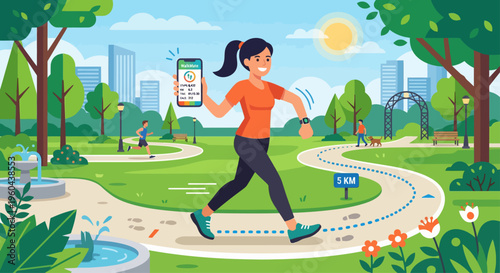 Woman jogging on a winding park path while checking her fitness app on a sunny day with trees and flowers.