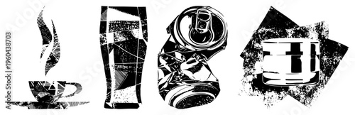 Vector graphic of coffee cup, cocktail glass, soda can, and whiskey tumbler, rendered in bold black halftone, ideal for modern graphic design or branding assets.