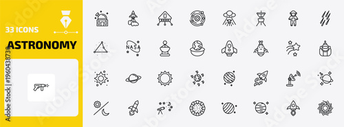 astronomy outline icon set. 33 linear vector for ui, web and mobile. thin line planetarium, liftoff, lander and more icons.