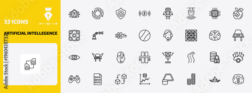 artificial intellegence outline icon set. 33 linear vector for ui, web and mobile. thin line smart home, processing, healthcare and more icons.