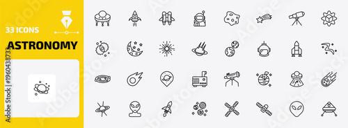 astronomy outline icon set. 33 linear vector for ui, web and mobile. thin line big ufo, rocket start, jet pack and more icons.