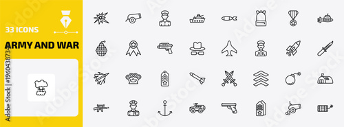 army and war outline icon set. 33 linear vector for ui, web and mobile. thin line explosion, canon, officer and more icons.