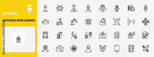 artificial intellegence outline icon set. 33 linear vector for ui, web and mobile. thin line chess, unsupervised learning, organ printing and more icons.