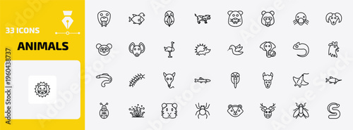 animals outline icon set. 33 linear vector for ui, web and mobile. thin line walrus, angler, deadlock and more icons.