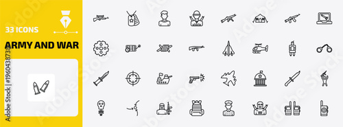 army and war outline icon set. 33 linear vector for ui, web and mobile. thin line sniper rifle, dog tag, civilian and more icons.