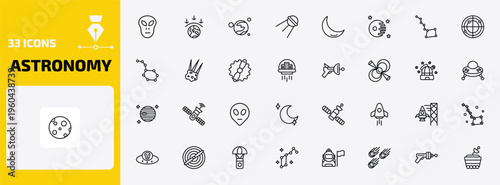 astronomy outline icon set. 33 linear vector for ui, web and mobile. thin line little extraterrestial, aerosphere, mars with satellite and more icons.