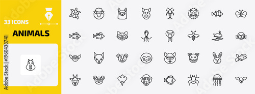animals outline icon set. 33 linear vector for ui, web and mobile. thin line turtle, female sheep, llama and more icons.