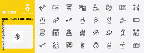 american football outline icon set. 33 linear vector for ui, web and mobile. thin line glove for, hamburger, football medal and more icons.