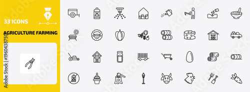 agriculture farming outline icon set. 33 linear vector for ui, web and mobile. thin line trailer, insecticide, sprinkler and more icons.
