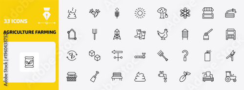 agriculture farming outline icon set. 33 linear vector for ui, web and mobile. thin line manure, carrots, oat and more icons.