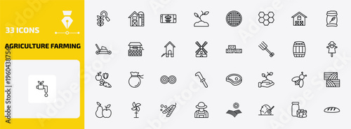 agriculture farming outline icon set. 33 linear vector for ui, web and mobile. thin line harvest, farm, smart farm and more icons.