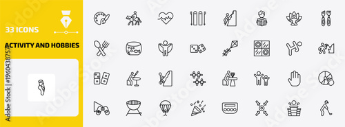 activity and hobbies outline icon set. 33 linear vector for ui, web and mobile. thin line coloring, horse riding, heart rate and more icons.