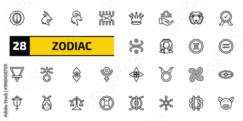 zodiac outline icon set. 28 linear vector for ui, web and mobile. thin line nitre, capricorn, aries and more icons.