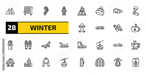winter outline icon set. 28 linear vector for ui, web and mobile. thin line snowy mountain, heater, candy cane and more icons.