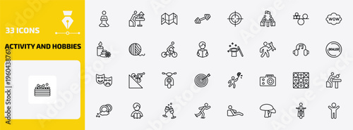 activity and hobbies outline icon set. 33 linear vector for ui, web and mobile. thin line meditating, model building, travelling and more icons.