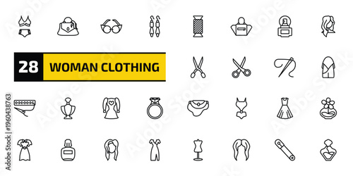 woman clothing outline icon set. 28 linear vector for ui, web and mobile. thin line swimsuit feminine, handbag of female, eyeglasses and more icons.