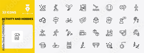 activity and hobbies outline icon set. 33 linear vector for ui, web and mobile. thin line camp, parkour, vitamin and more icons.