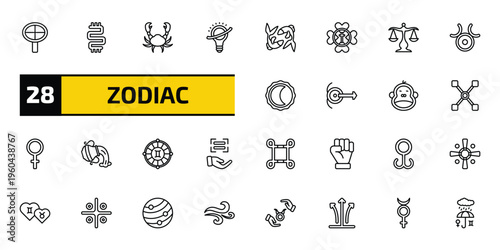 zodiac outline icon set. 28 linear vector for ui, web and mobile. thin line wood, toughness, cancer and more icons.