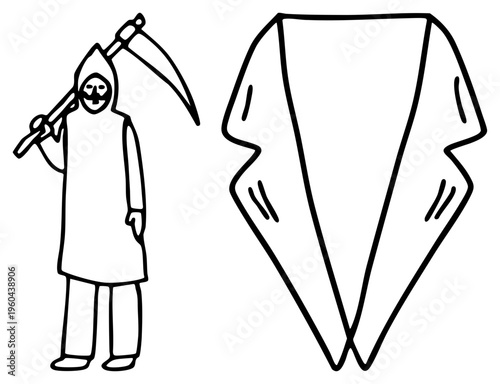 Death personification holding, skeletal figure in hooded robe, symbolic mortality, cartoonish art, isolated graphic design element.