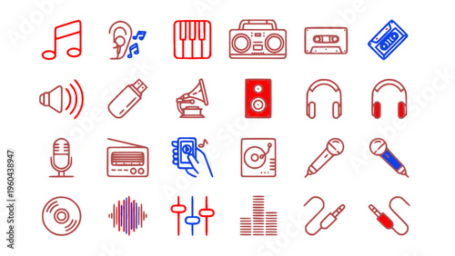 Flat icons of music, audio, and media elements for digital applications.