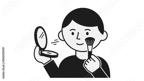 Person Applying Face Powder with Brush and Mirror for Cosmetic Beauty Care Routine Vector Illustration
