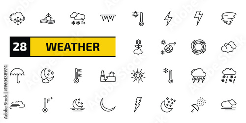 weather outline icon set. 28 linear vector for ui, web and mobile. thin line snow cloud, aurora, blizzard and more icons.