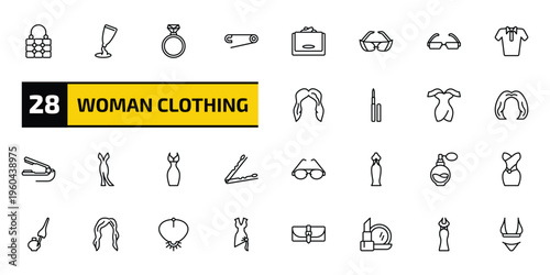 woman clothing outline icon set. 28 linear vector for ui, web and mobile. thin line fashionable hand bag, creme container black, diamond ring and more icons.