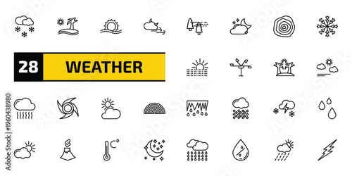 weather outline icon set. 28 linear vector for ui, web and mobile. thin line snowing, subtropical climate, haze and more icons.
