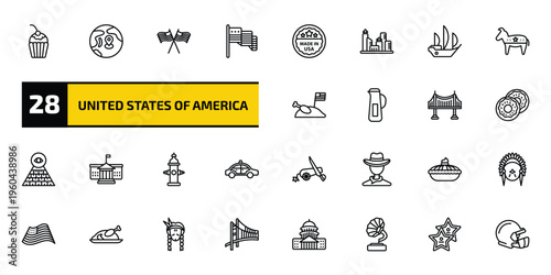 united states of america outline icon set. 28 linear vector for ui, web and mobile. thin line bake, pacific ocean, independence day and more icons.
