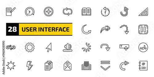 user interface outline icon set. 28 linear vector for ui, web and mobile. thin line form, history, round add button and more icons.