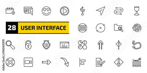 user interface outline icon set. 28 linear vector for ui, web and mobile. thin line add event, recording conversation, in love smile and more icons.