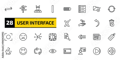 user interface outline icon set. 28 linear vector for ui, web and mobile. thin line double arrows, road, conference hall and more icons.