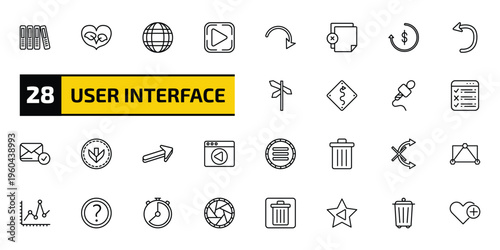 user interface outline icon set. 28 linear vector for ui, web and mobile. thin line office folders, ecologic heart, worldgrid and more icons.