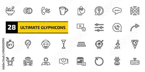 ultimate glyphicons outline icon set. 28 linear vector for ui, web and mobile. thin line medicine mortar, two circles, phone call outcoming and more icons.