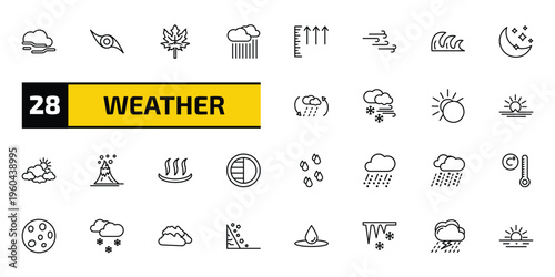 weather outline icon set. 28 linear vector for ui, web and mobile. thin line foggy, tropical storm, autumn and more icons.